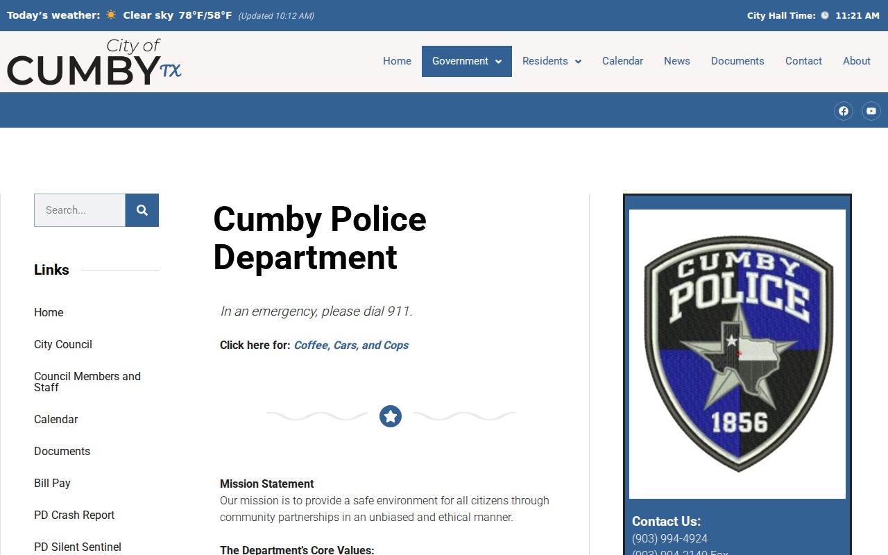Cumby Police Department official page for Cumby police records