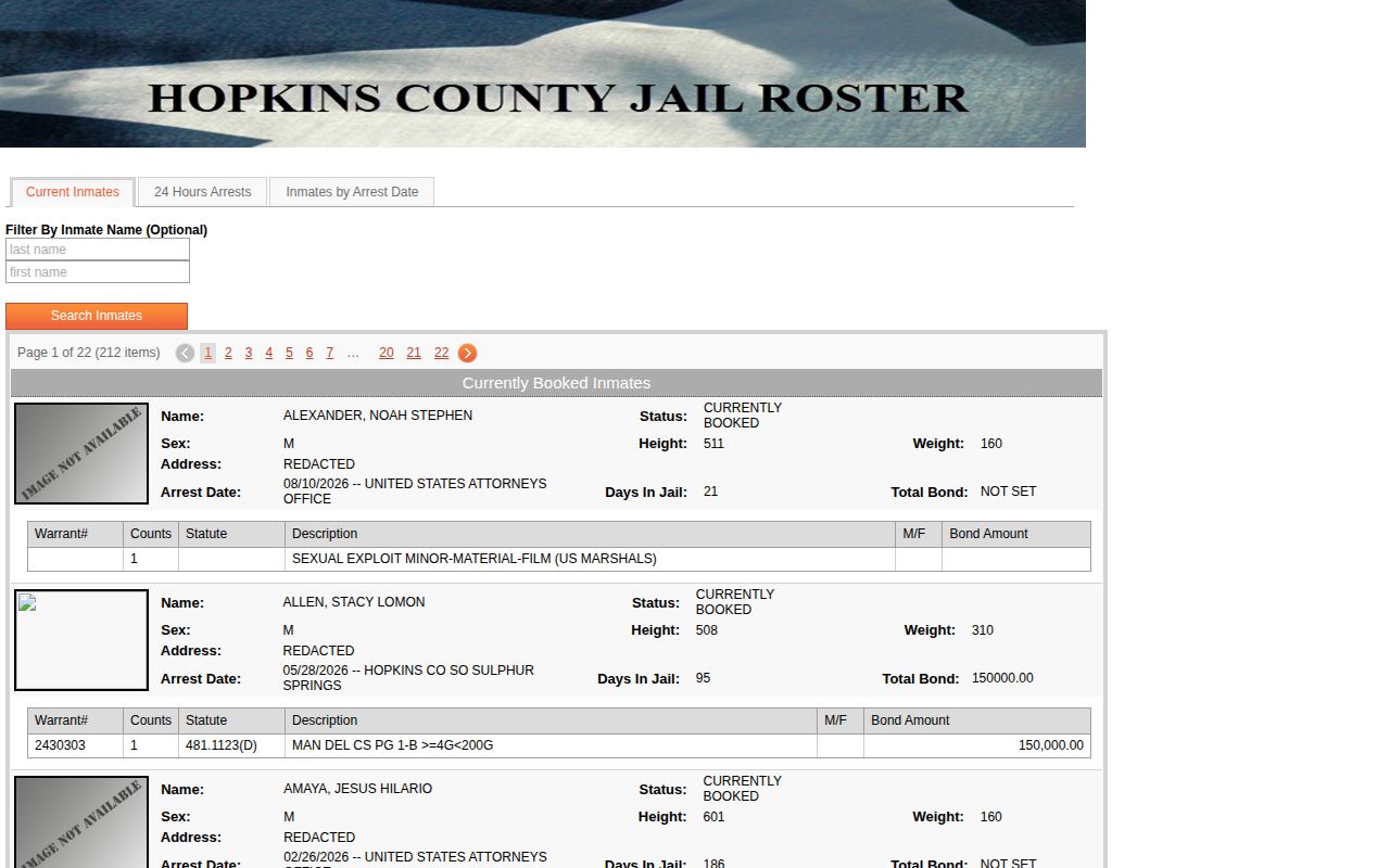 Hopkins County Jail current custody roster search interface