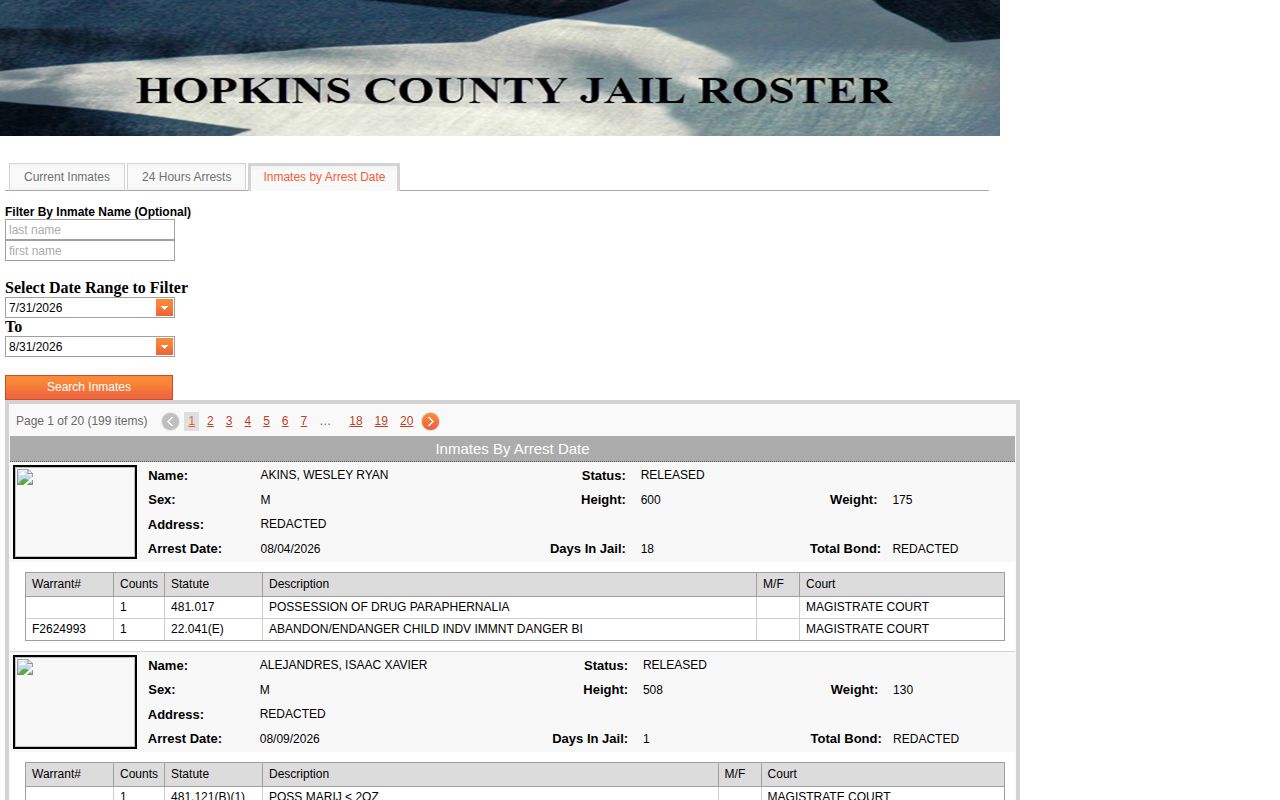 Hopkins County Jail arrest-date booking record search interface